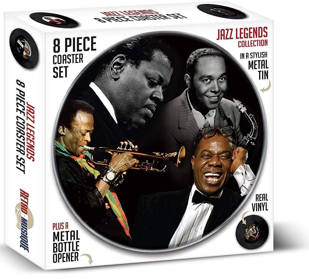 Набір підставок Retro Musique Jazz Legends - 8 Pieces Coaster Set With Real Vinyl Coasters