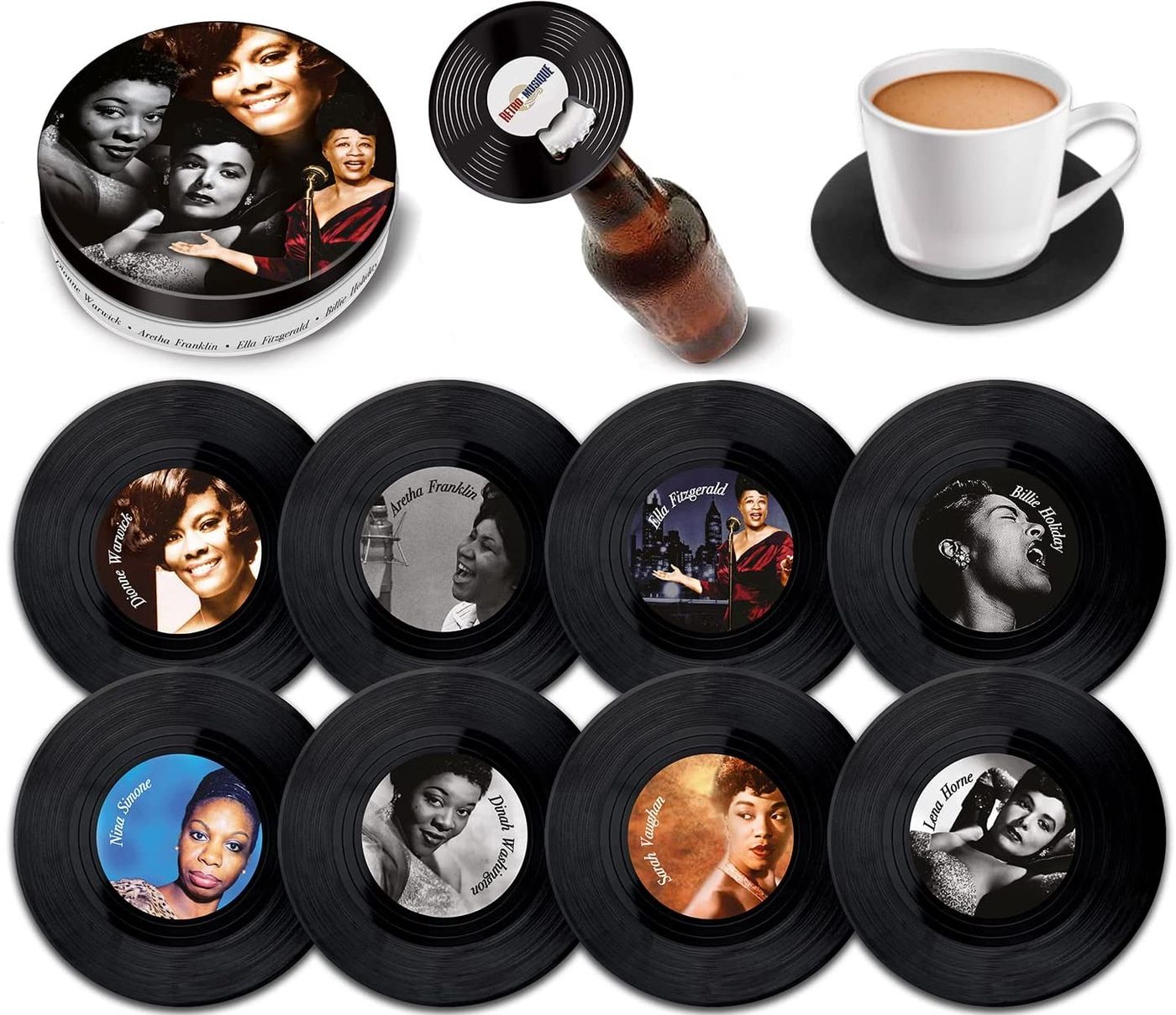 Набір підставок Retro Musique Jazz Divas - 8 Pieces Coaster Set With Real Vinyl Coasters