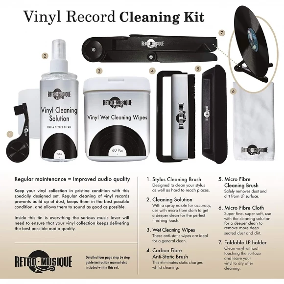 Комплект для чистки виниловых пластинок Retro Musique Vinyl Record Cleaning Kit In Round Tin