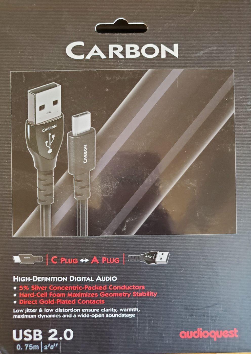 Кабель AUDIOQUEST hd 0.75m, USB 2.0 Carbon C > A