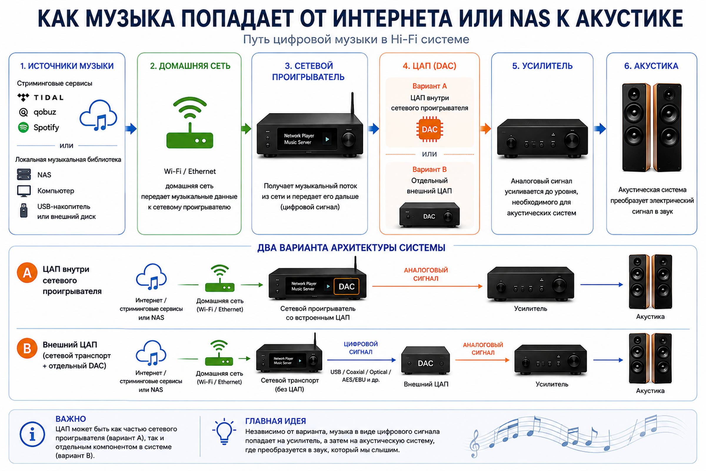 Как музыка попадает от интернета или NAS к акустике