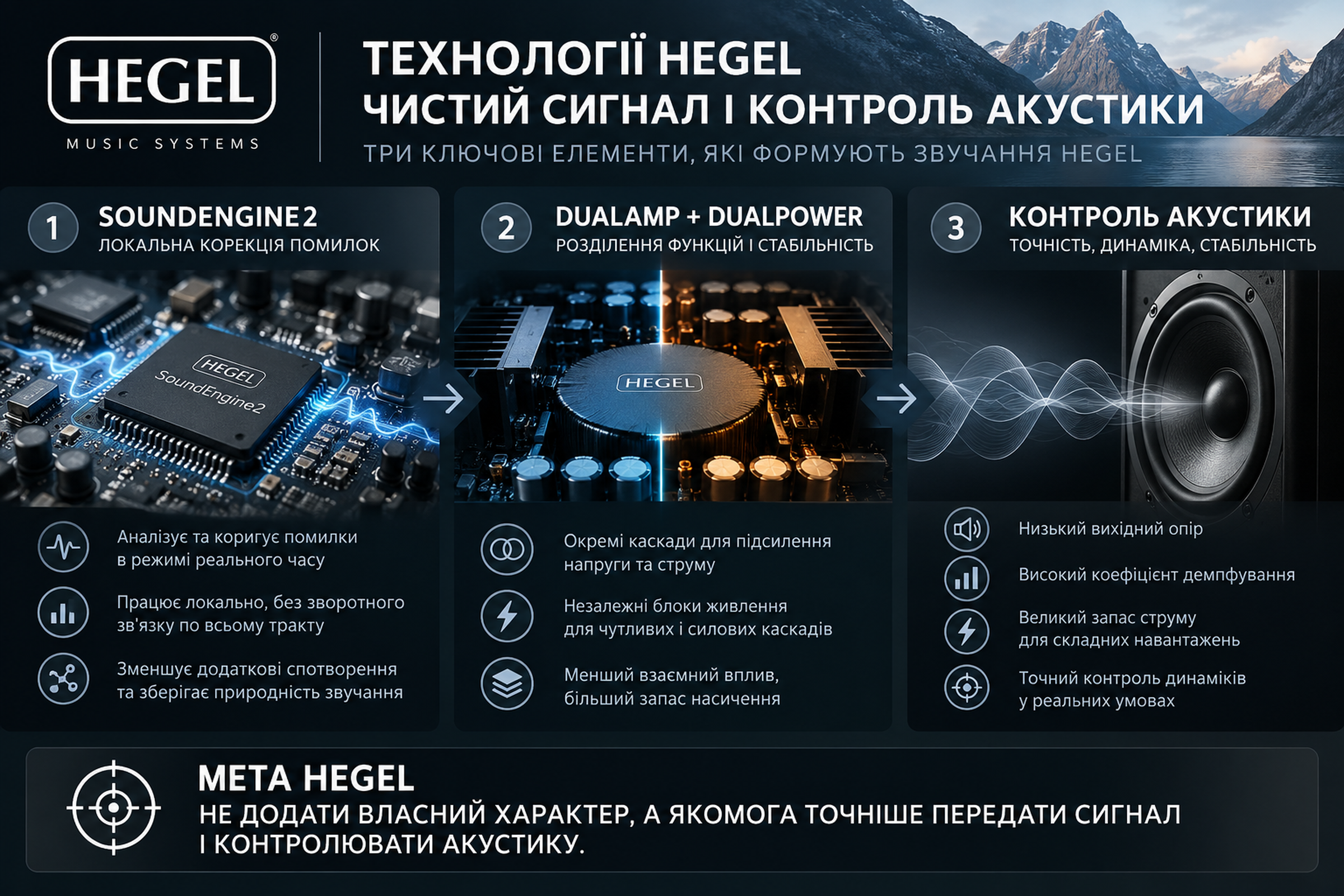 Технології Hegel: SoundEngine2, DualAmp, DualPower і контроль акустики