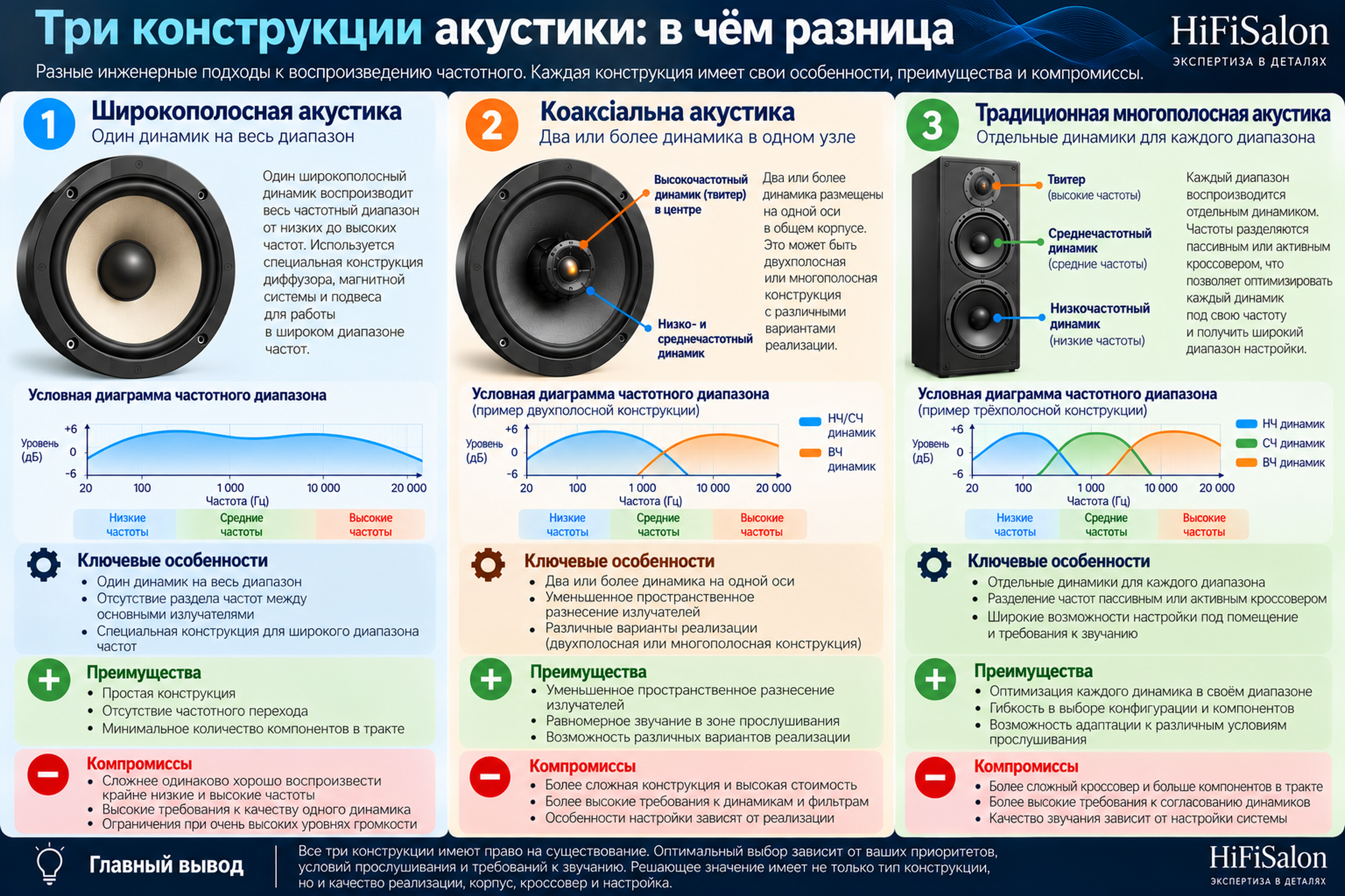 Три конструкции акустики: широкополосная, коаксиальная и многополосная